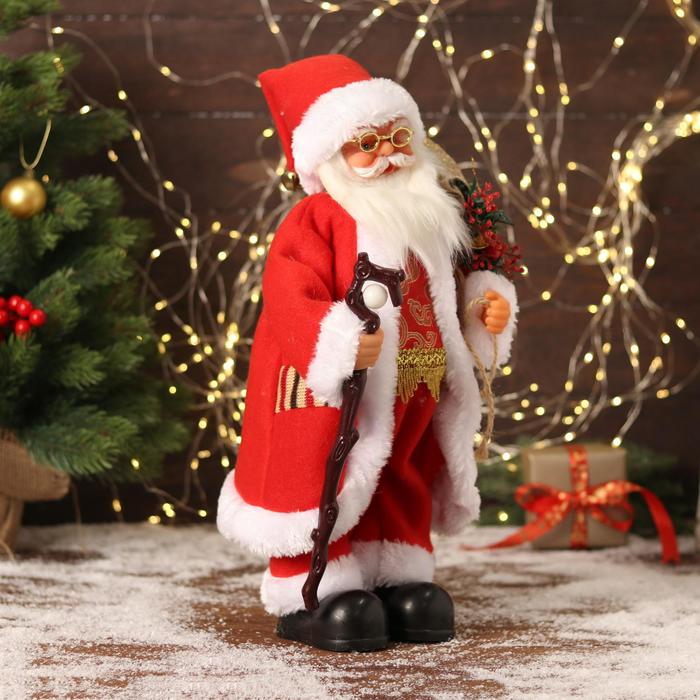 Дед Мороз "В красном костюмчике с орнаментом, с посохом" двигается, 20х40 см - фото 1908750234
