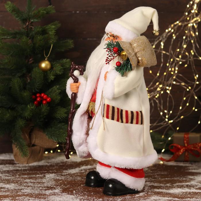 Дед Мороз "В белом костюмчике с орнаментом, с посохом" двигается, 20х50 см - фото 1908750236