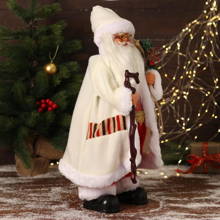 Дед Мороз "В белом костюмчике с орнаментом, с посохом" двигается, 20х50 см - фото 1908750238