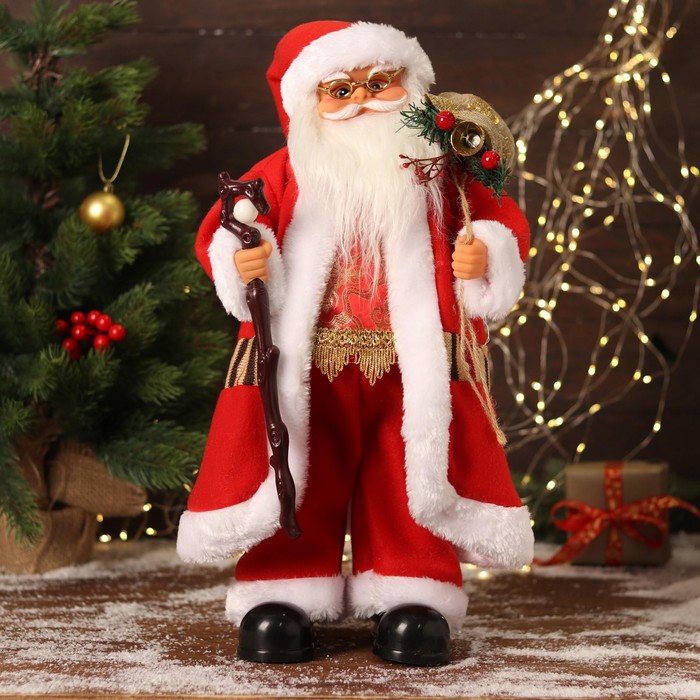 Дед Мороз &quot;В красном костюмчике с орнаментом, с посохом&quot; двигается, 50 см