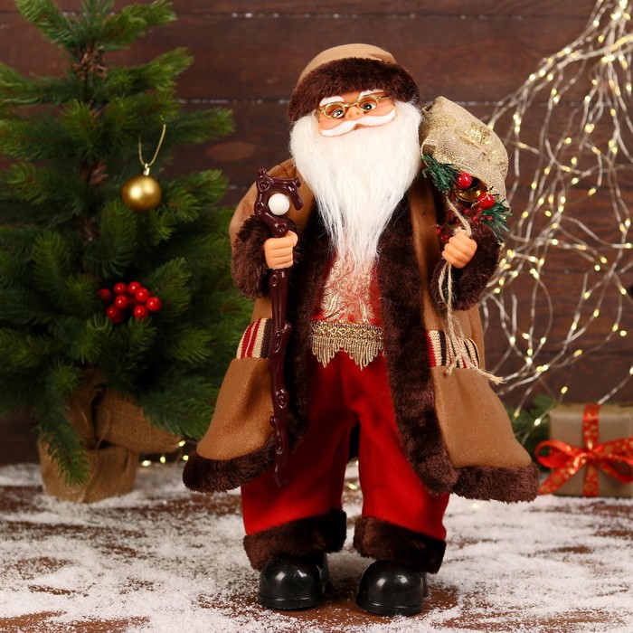 Дед Мороз "В коричневой шубке, с посохом" двигается, 20х50 см - фото 1908750247