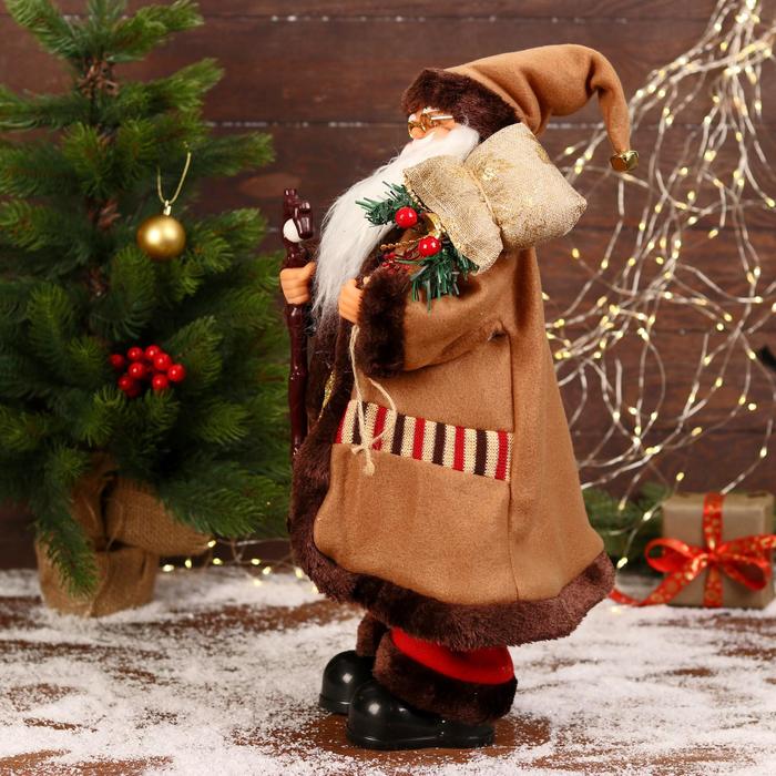 Дед Мороз "В коричневой шубке, с посохом" двигается, 20х50 см - фото 1908750248