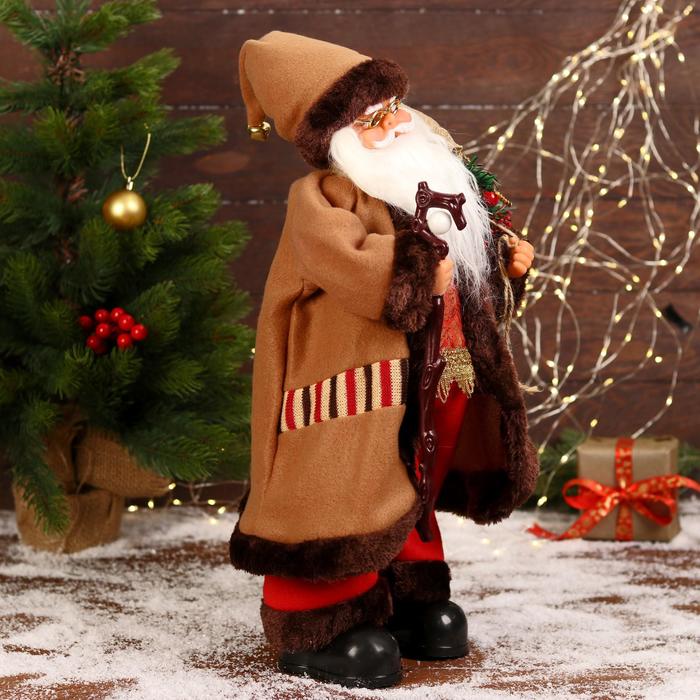 Дед Мороз "В коричневой шубке, с посохом" двигается, 20х50 см - фото 1908750250