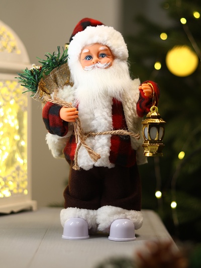 Дед Мороз под ёлку «Зимнее волшебство. Новогодняя игрушка в клетчатом тулупе» двигается, ботинки светятся, 28 см