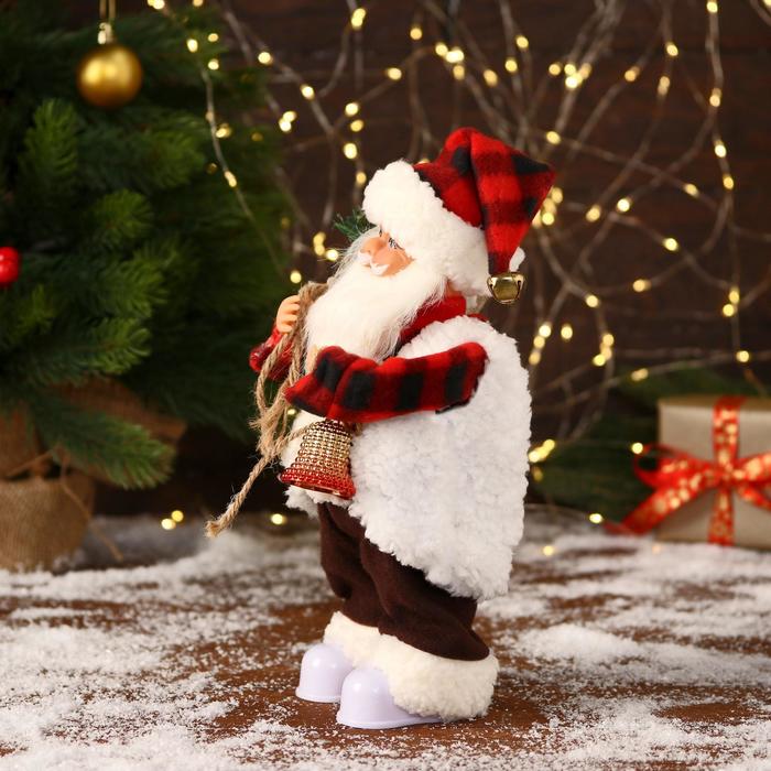 Дед Мороз "В клетчатом тулупе, с колокольчиком" двигается, ботинки светятся, 13х28 см - фото 1908750260