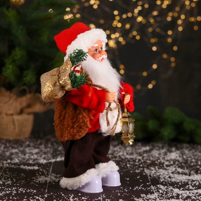 Дед Мороз "В красном тулупе, с колокольчиком/ фонарик" двигается, ботинки светятся, 13х28 см - фото 1908750264