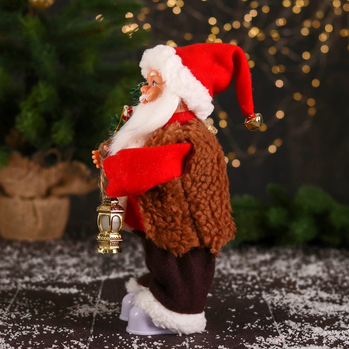 Дед Мороз "В красном тулупе, с колокольчиком/ фонарик" двигается, ботинки светятся, 13х28 см - фото 1908750266
