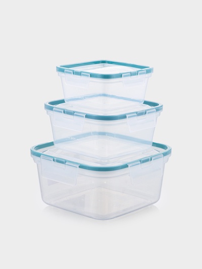 Набор контейнеров для хранения еды Idiland, 3 шт.: 400 мл, 800 мл, 1.5 л, пластик, герметичный, прозрачный, крышка голубая