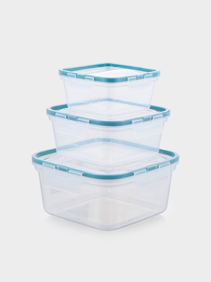 Набор контейнеров для хранения еды Idiland, 3 шт.: 400 мл, 800 мл, 1.5 л, пластик, герметичный, прозрачный, крышка голубая - Фото 1