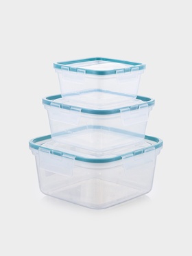 Набор контейнеров для хранения еды Idiland, 3 шт.: 400 мл, 800 мл, 1.5 л, пластик, герметичный, прозрачный, крышка голубая