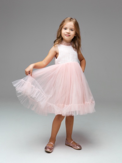 Платье нарядное для девочки MINAKU: PartyDress с воротником, бело-розовое, рост 104-110 см