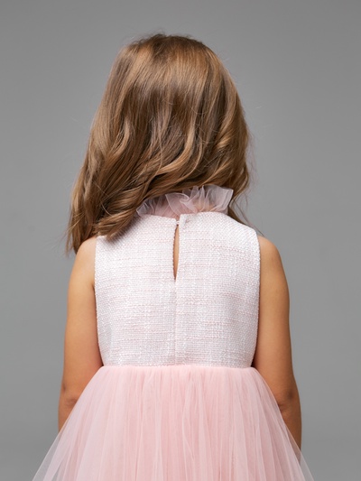 Платье нарядное для девочки MINAKU: PartyDress с воротником, бело-розовое, рост 104-110 см