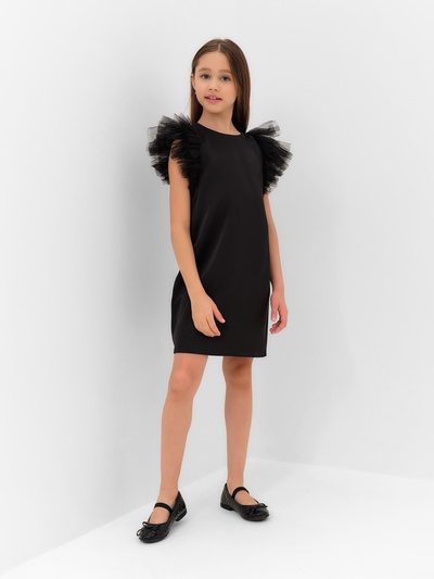 Платье нарядное для девочки MINAKU: PartyDress, прямое, с крылышками, рост 128-134 см, чёрное