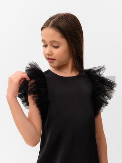 Платье нарядное для девочки MINAKU: PartyDress, прямое, с крылышками, рост 128-134 см, чёрное