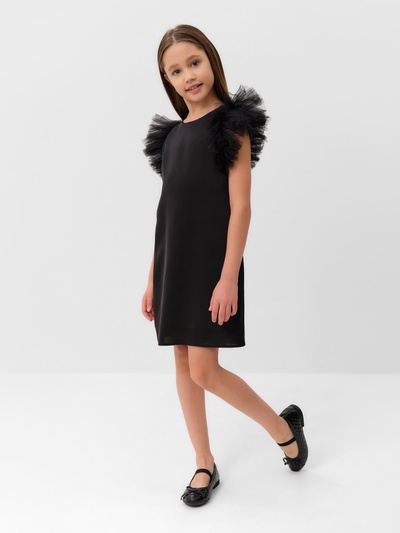 Платье нарядное для девочки MINAKU: PartyDress, прямое, с крылышками, рост 128-134 см, чёрное