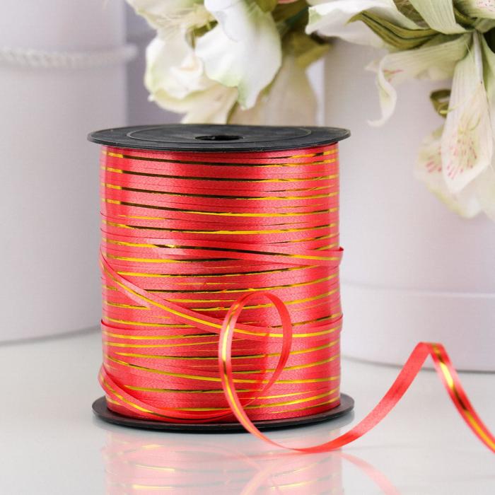 Лента упаковочная красная с золотой полосой, 5 мм × 225 м - Фото 1