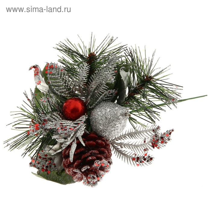 Декор "Новогоднее чудо" веточка с шишкой и ягодками 20 см - Фото 1