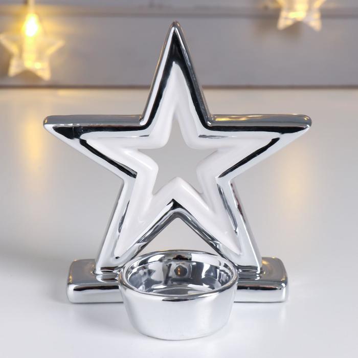 Сувенир керамика подсвечник "Двойная звезда" серебро 12,8х7,8х12,3 см - фото 1910224774