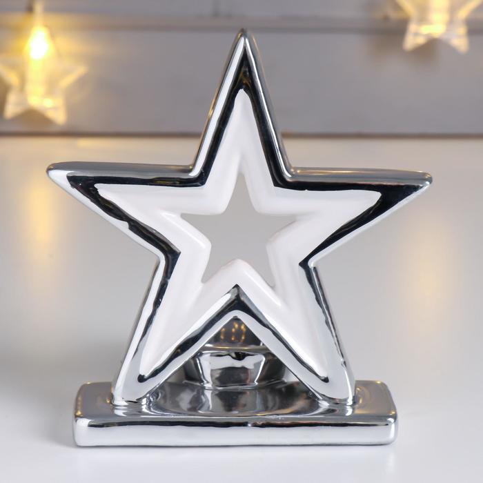 Сувенир керамика подсвечник "Двойная звезда" серебро 12,8х7,8х12,3 см - фото 1910224776