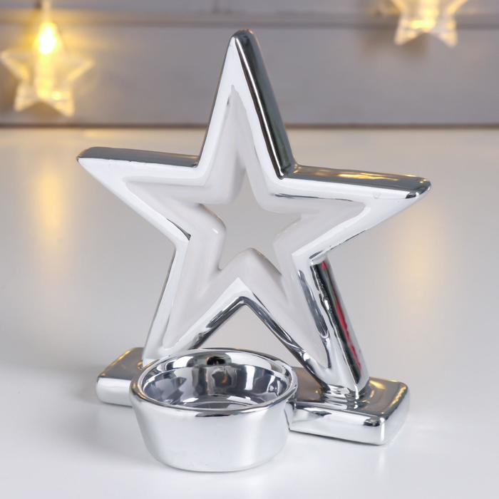 Сувенир керамика подсвечник "Двойная звезда" серебро 12,8х7,8х12,3 см - фото 1910224777