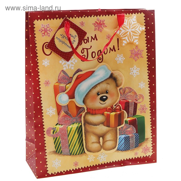 Пакет ламинированный ML мишка с подарками коллаж блестки - Фото 1