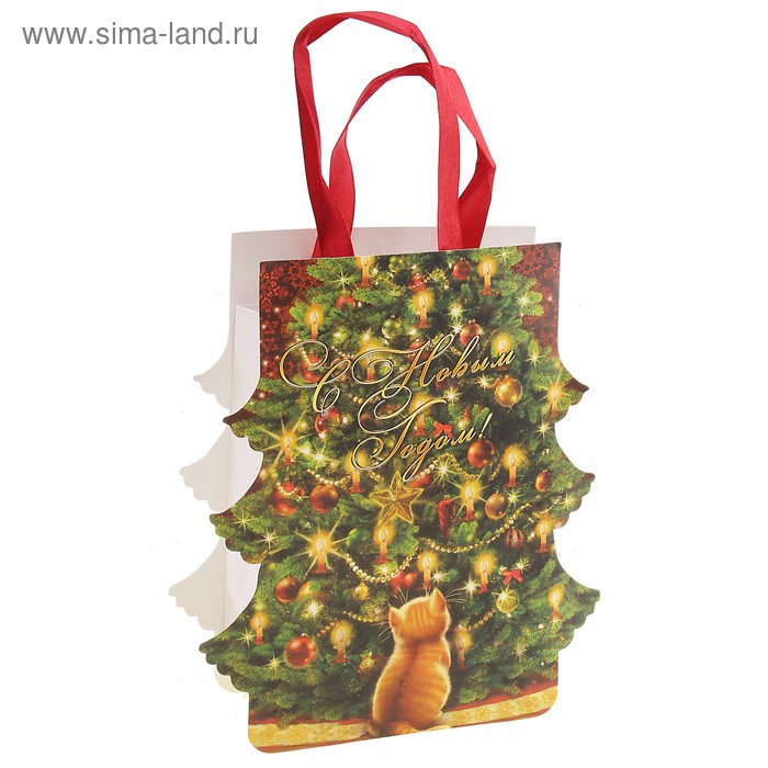 Пакет подарочный НГ котенок с елкой тиснение - Фото 1