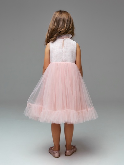 Платье нарядное для девочки MINAKU: PartyDress с воротником, бело-розовое, рост 110-116 см