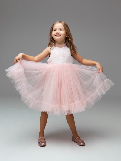 Платье нарядное для девочки MINAKU: PartyDress с воротником, бело-розовое, рост 116-122 см