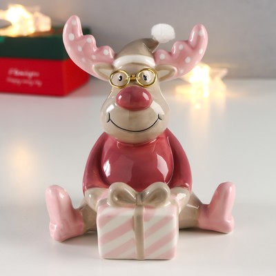 Фигурка керамика «Лосик в очках, с подарком», цветной, 12.5×9.2×11 см