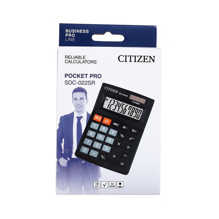 Калькулятор настольный Citizen "SDC-022SR", 10-разрядный, 88 х 127 х 23 мм, двойное питание, черный - фото 51578775