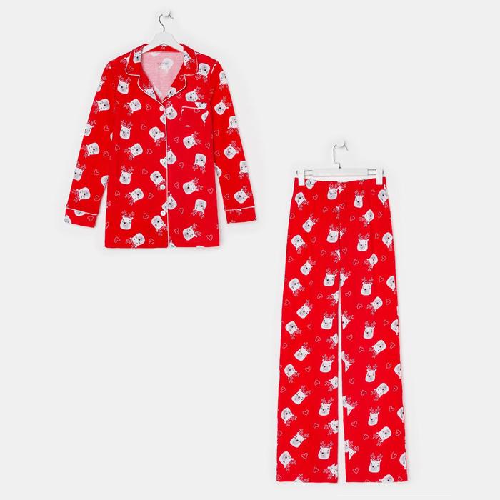 Пижама новогодняя женская (рубашка, брюки) KAFTAN Мишки, красная, размер 44-46