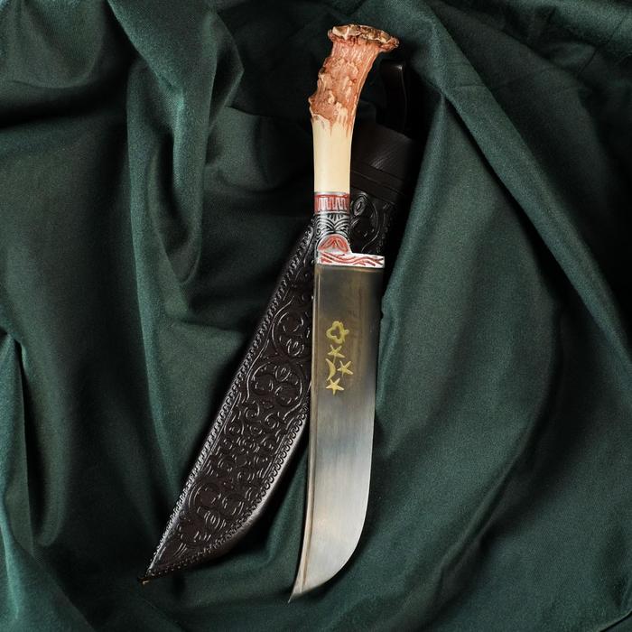 Нож Пчак Шархон "Рог косули" - пластик, сухма, витая рукоять, гарда олово, гравировка, 15 см - Фото 1