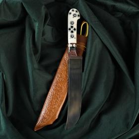 Нож Пчак Шархон - кость, ёрма сапожок 'Мехенди' гарда олово, гравировка с садафом, 17 см