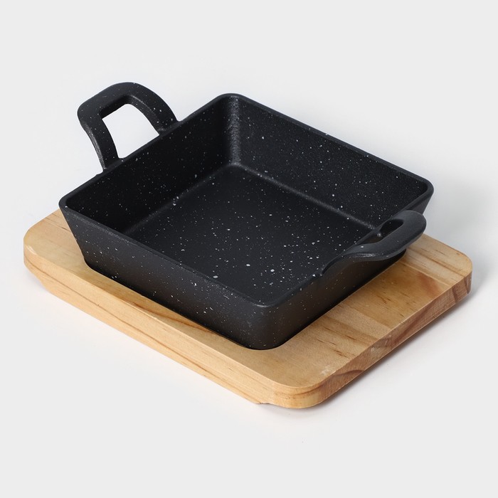 Сковорода «Ночь», 18.5×12.5×5.2 см, на деревянной подставке, чугун, чёрная - Фото 1