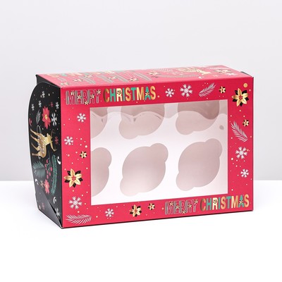 Упаковка на 6 капкейков с окном "Merry Christmas", 25 х 17 х 10 см