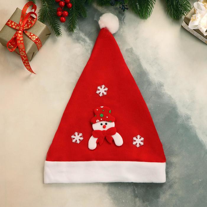 Колпак новогодний "Снеговик и снежинки" 29х40 см, красный - Фото 1