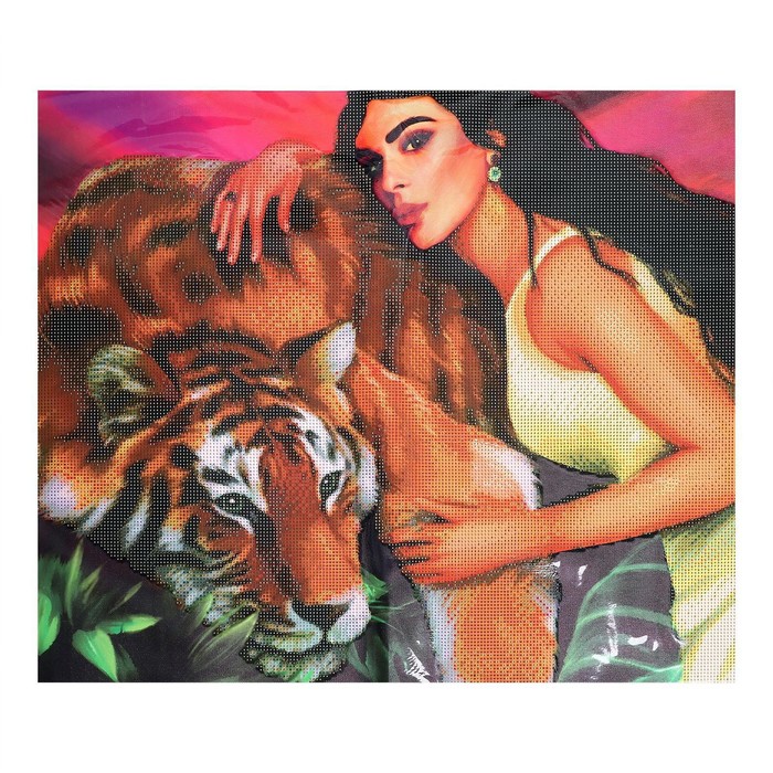 Алмазная мозаика с частичным заполнением «Девушка с тигром» 50x60 см, холст, ёмкость - фото 1888166615