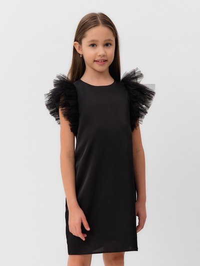 Платье нарядное для девочки MINAKU: PartyDress с крылышками, прямое, чёрное, рост 146-152 см