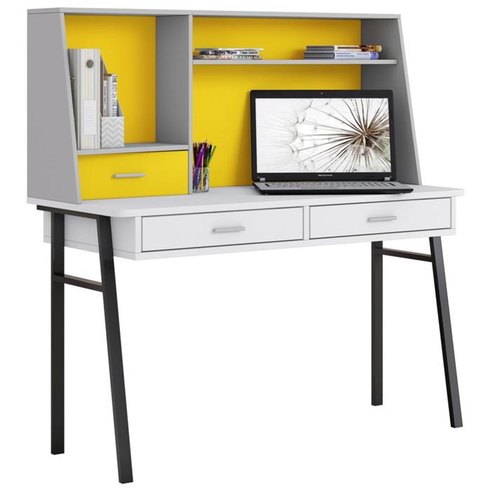 Стол письменный Polini kids Aviv 1455 с надстройкой и ящиками, цвет белый/серый-желтый - Фото 1