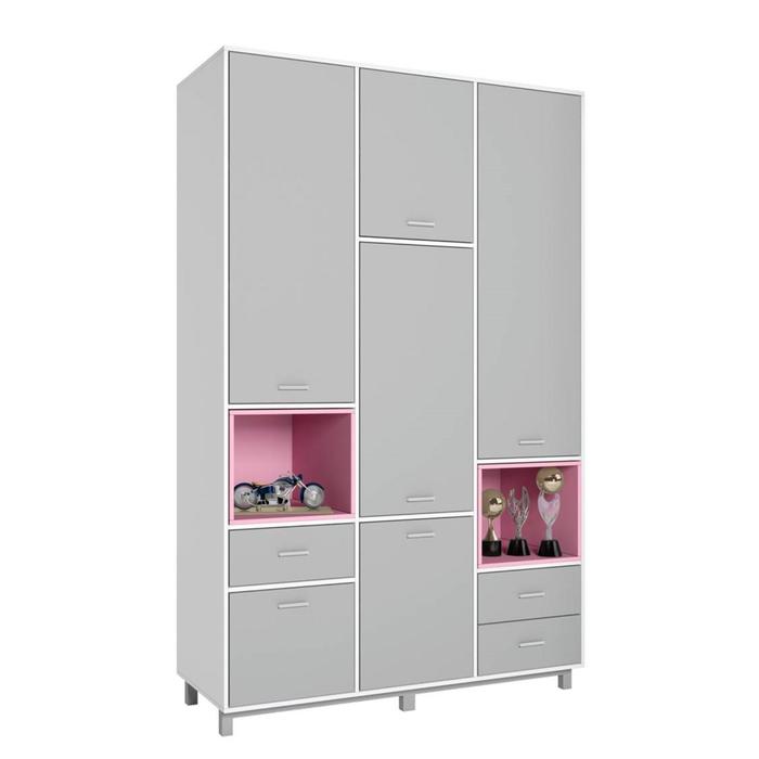 Шкаф трехсекционный Polini kids Mirum 2335, белый-серый, розовый - Фото 1