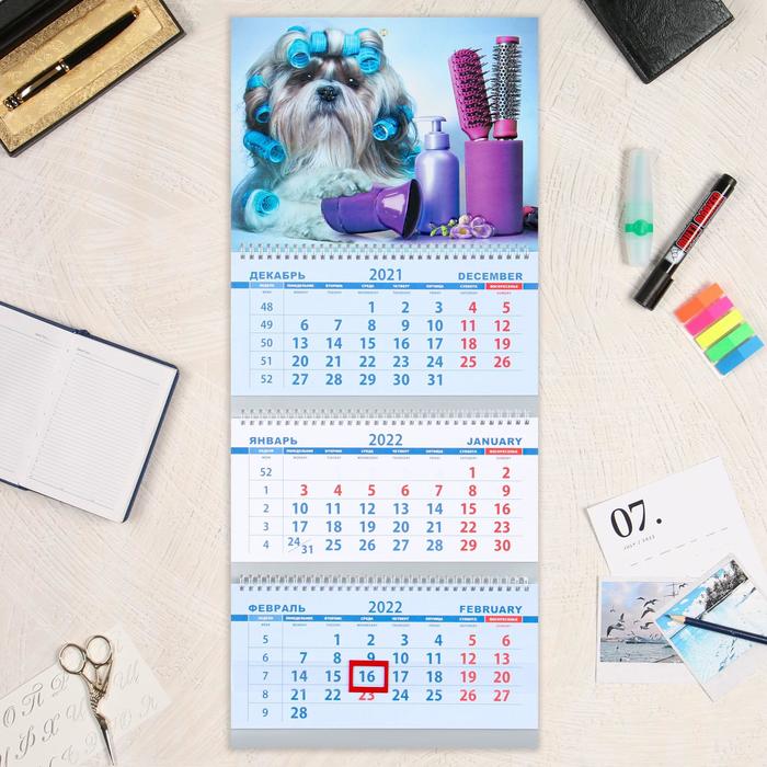 Календарь квартальный, трио "Собака модница" тиснение фольгой, 31х69 см, 2022 год - Фото 1