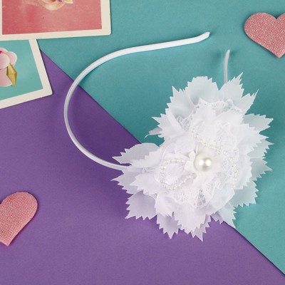 Ободок для волос «Фелиция», кружево бусинка, 0.5 см, белый