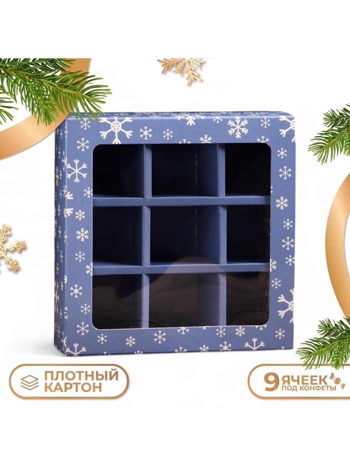 Коробка под 9 конфет с ячейками новогодняя «Ёлочка, гори!», 13.5×13.5×3.5 см