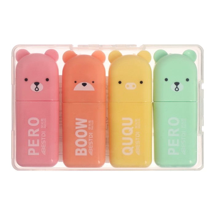 Набор маркеров текстовыделителей «мини Зверьки», 4 цвета - Фото 1