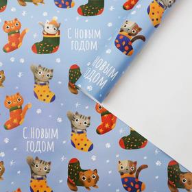 Бумага упаковочная глянцевая «Коты в носках», 70×100 см  (артикул 7066053)  большой выбор товаров оптом и в розницу по низким ценам с доставкой