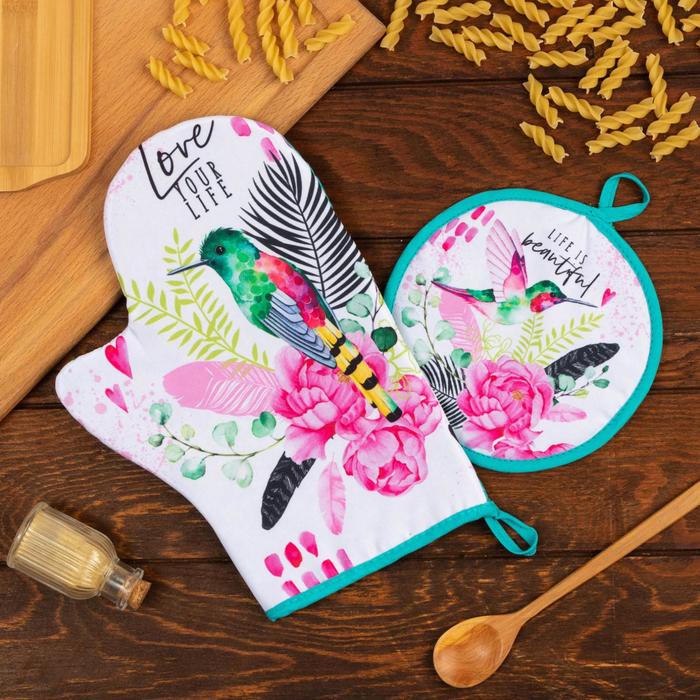 Набор кухонный «Love your live»: варежка-прихватка 20×28 см, прихватка 17×17 см, 35% х/л, 65% п/э - Фото 1