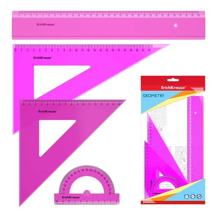 Набор геометрический ErichKrause Neon, пластиковый, большой (линейка, 2 угольника, транспортир), розовый, в флоупаке - Фото 1