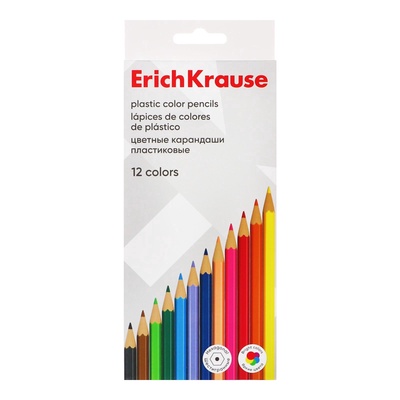 Карандаши 12 цветов, ErichKrause, пластик, шестигранные, 2.6 мм грифель, картонная упаковка, европодвес