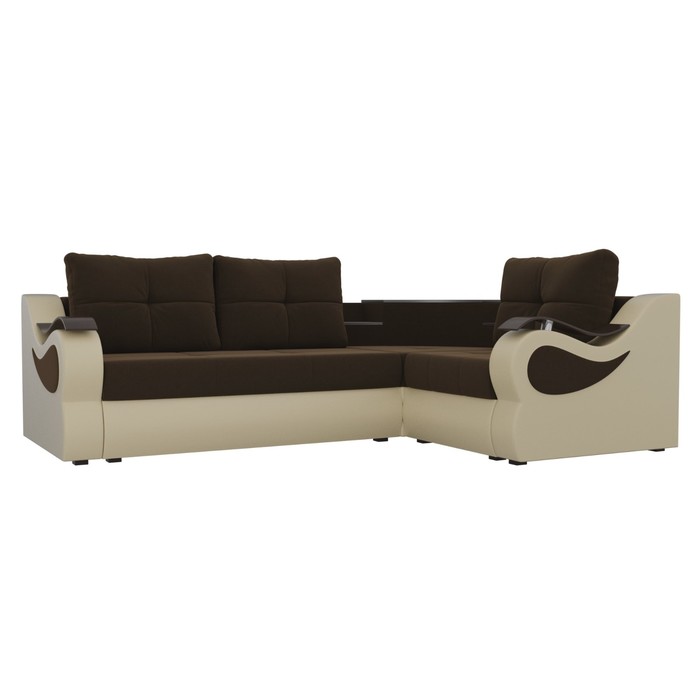 Угловой диван «Митчелл», механизм еврокнижка, коричневый микровельвет / бежевая экокожа - Фото 1