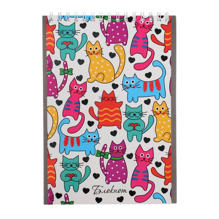 Бизнес-блокнот А5, 48 листов в клетку на гребне "Цветные кошки", обложка мелованный картон, блёстки, блок офсет - Фото 1